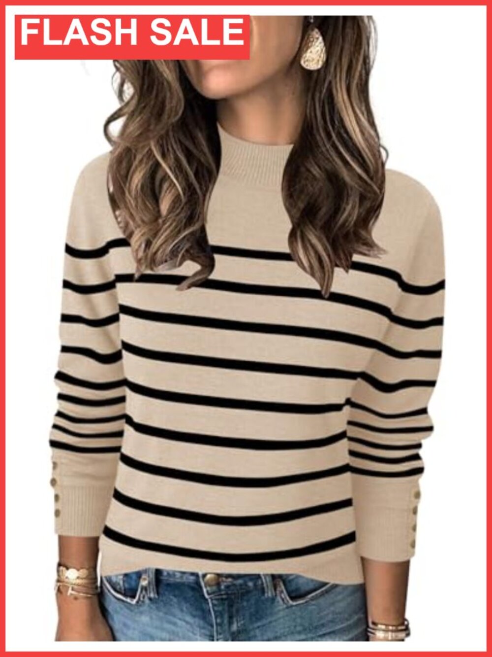 Mock Neck Sweater Women Long Sleeve Knit Pullover Button Cuffs